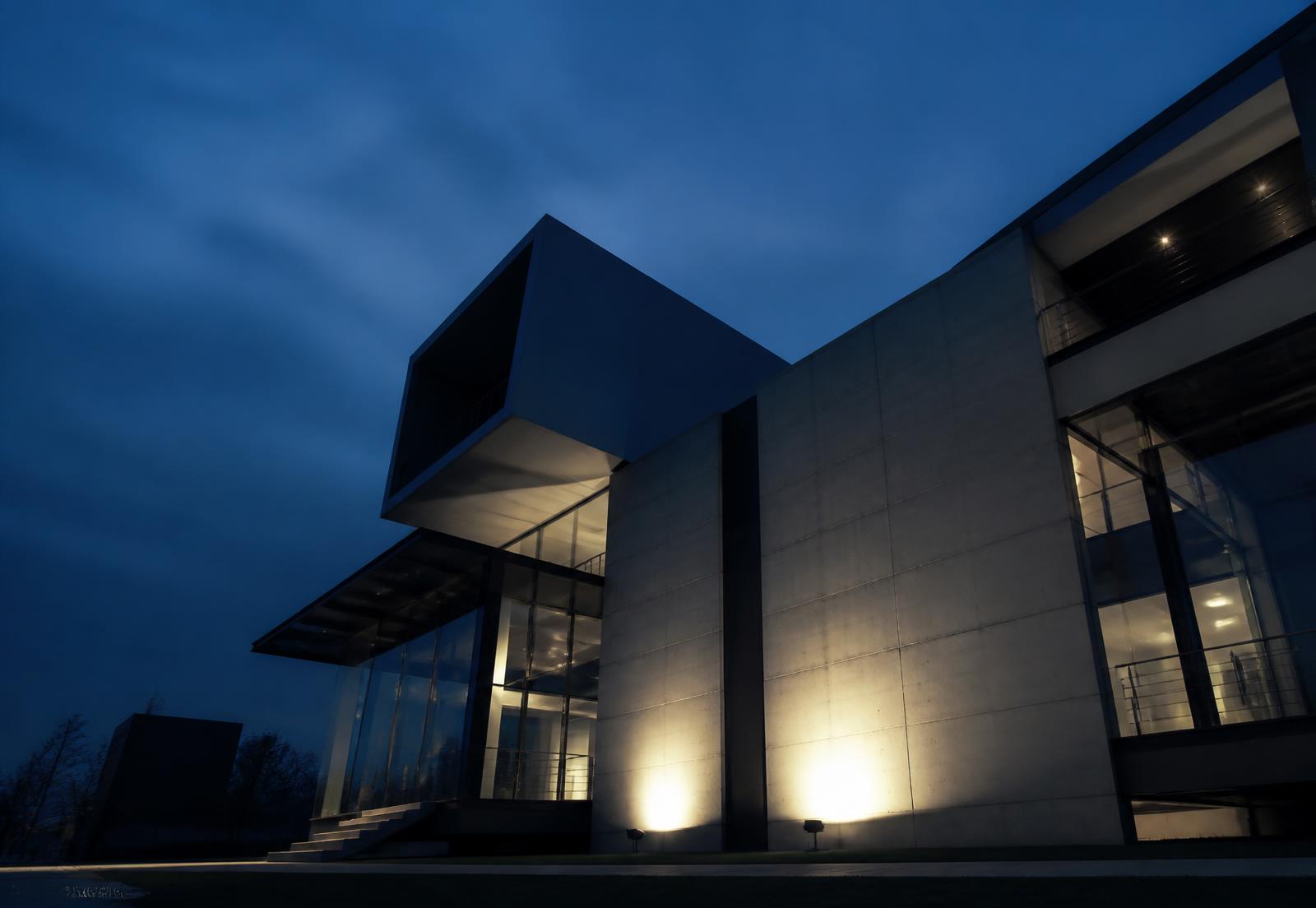 Façade d'un bâtiment contemporain en béton et verre à la tombée du jour