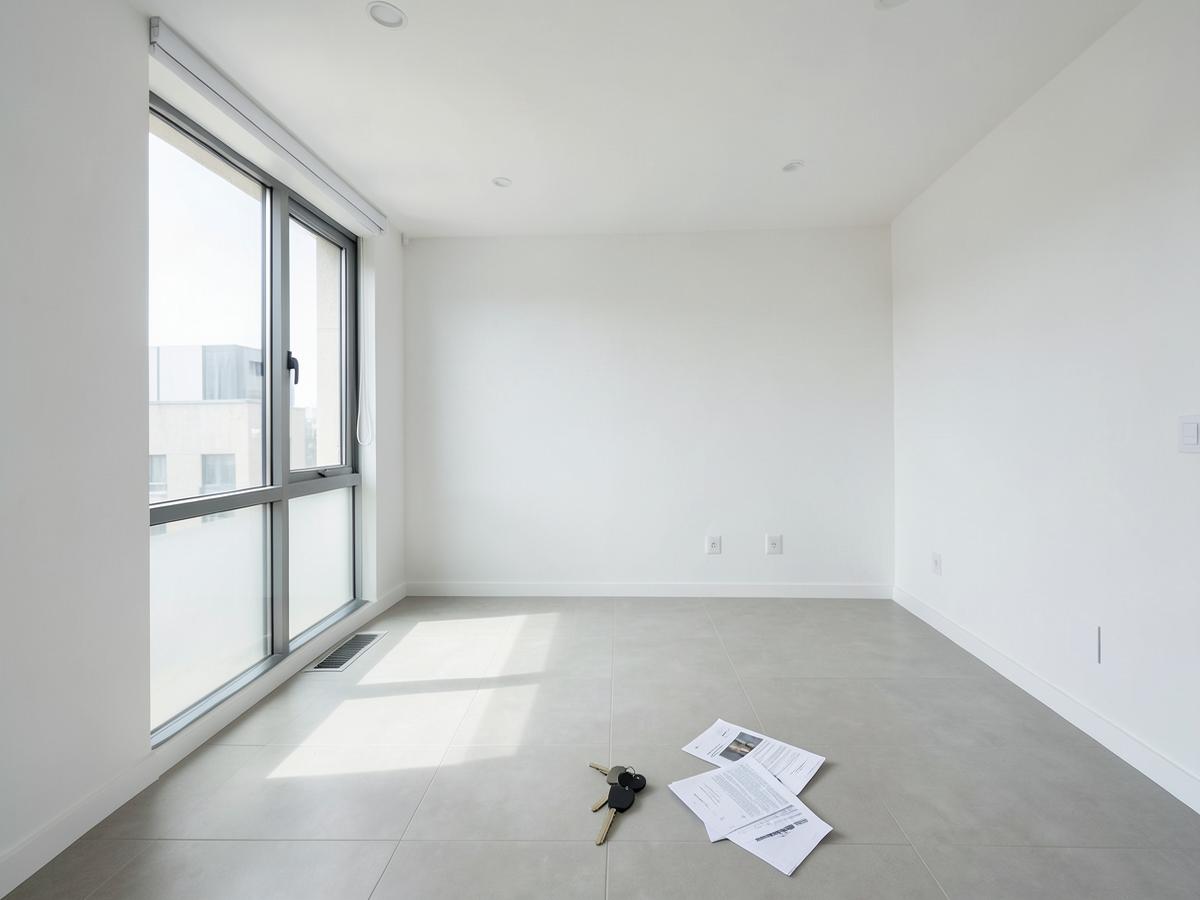 Logement neuf livré, clés et documents posés au sol